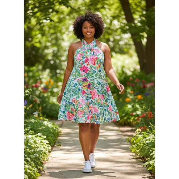 Emily Wonder Dresses & Skirts - Emily Wonder 1X NWT Floral Paisley Swing Dress Tie Neck Sleeveless Resort NWT